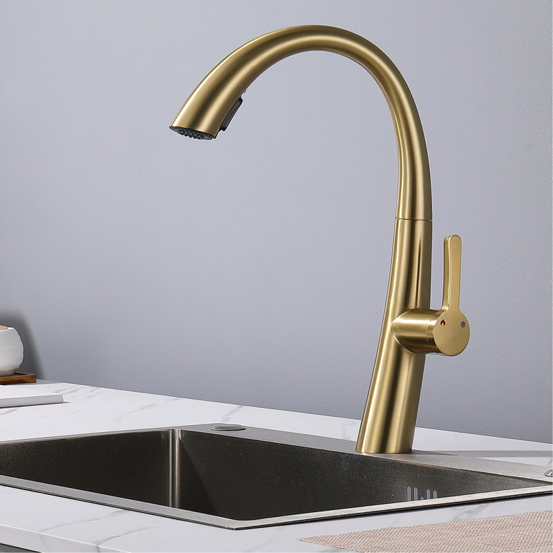 Single Handle Brushed Gold Kitchen Faucet - Stainless Steel Pull Out, 16.5 Inch Overall Height, High Arch Spout Out Tap Steel, 9.05 Reach, Spout, Build