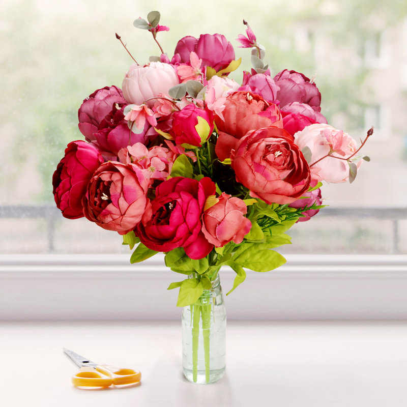 TRIXES Silk Peony Bouquet - 13 Blooms Plus Foliage - Pinks and Reds - Quality Artificial Flowers
