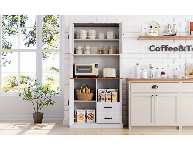Kitchen Pantry Cabinet with Microwave Stand, White