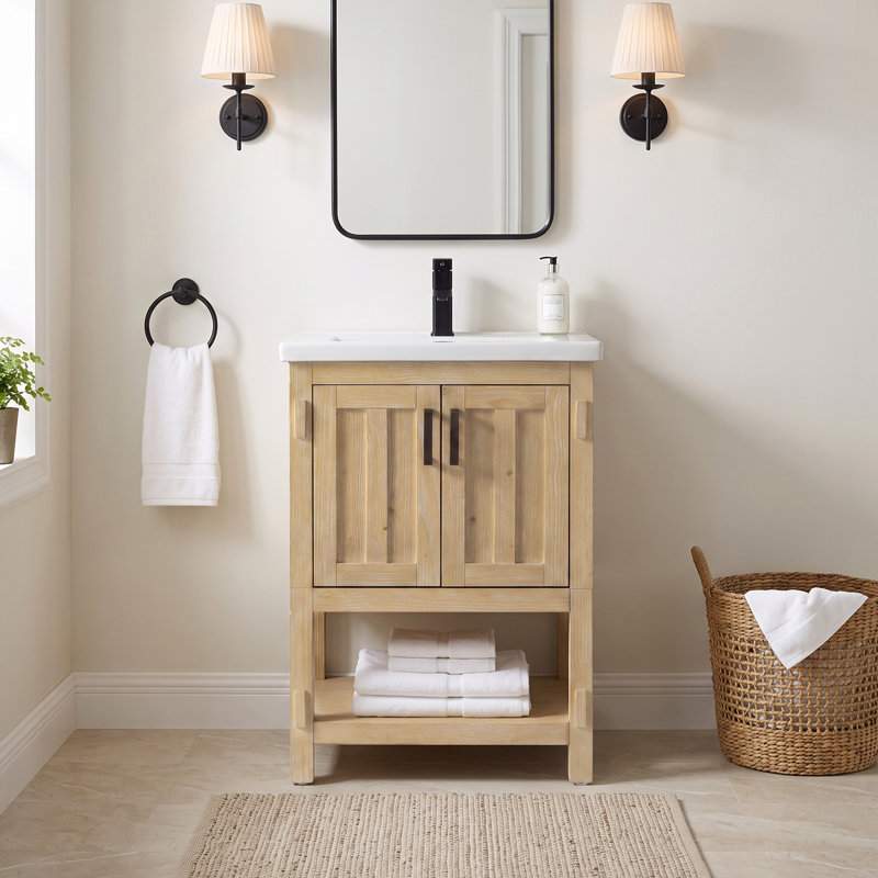 Ensemble de meuble-lavabo simple autoportant 24 po avec plateau en céramique Larangera, Natural Cedar