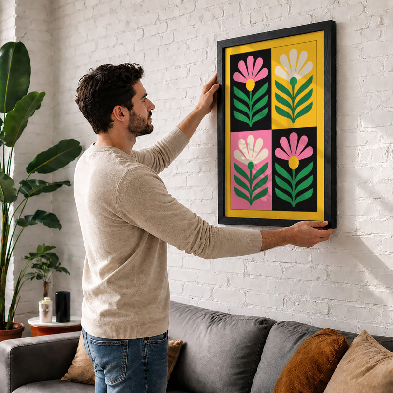 Four Stylized Daisies Mid-Century - Framed Print, A4 - 29.7 x 21.0 cm, White