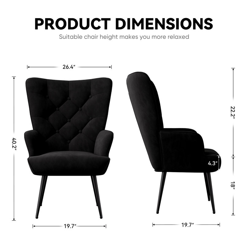 26,4 po po Chaise d'appoint rembourrée, Velours noir