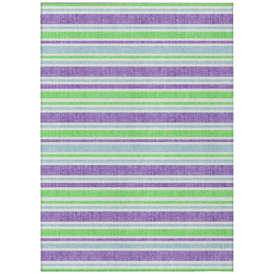 10' X 14' Green Purple and Blue Striped Washable Non Skid Indoor Outdoor Area Rug