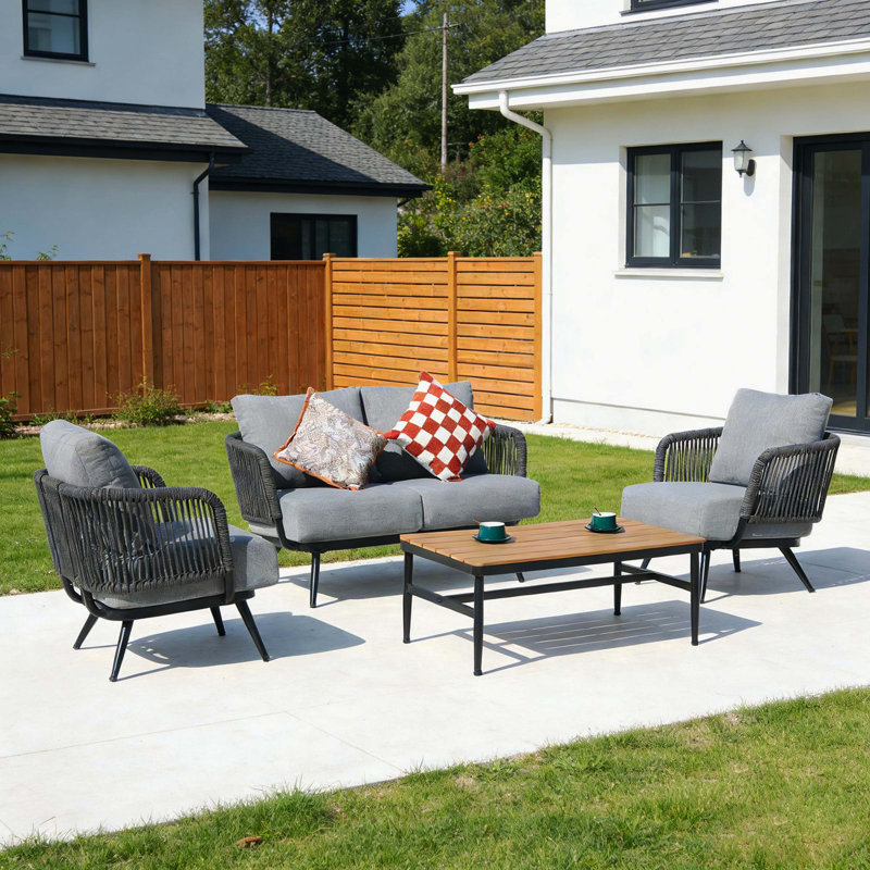 Ensemble de conversation 4 pièces en corde de patio tissé, assise rembourrée en oléfine avec table basse à grain de bois, capacité de poids de 330 lb pour la cour, le balcon et le jardin