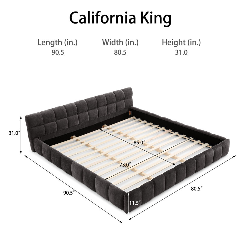 Chenille Upholstered Bed Frame With Headboard, Gray, California King