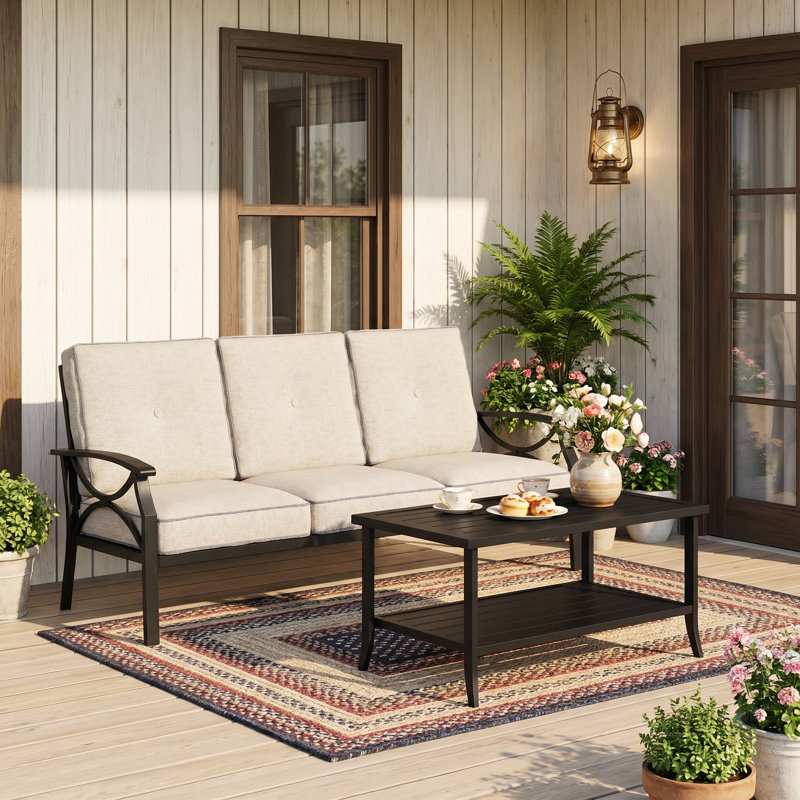 177.8cm Wide Straight Metal Sofa with Cushions, Khaki Cushion/Black Frame