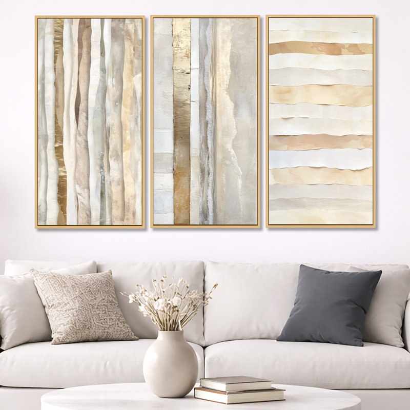 Abstrait vagues côtières - décoration murale abstraite dorée 3 pièces, H 40 po x l 60 po, Natural Wood Floater Framed
