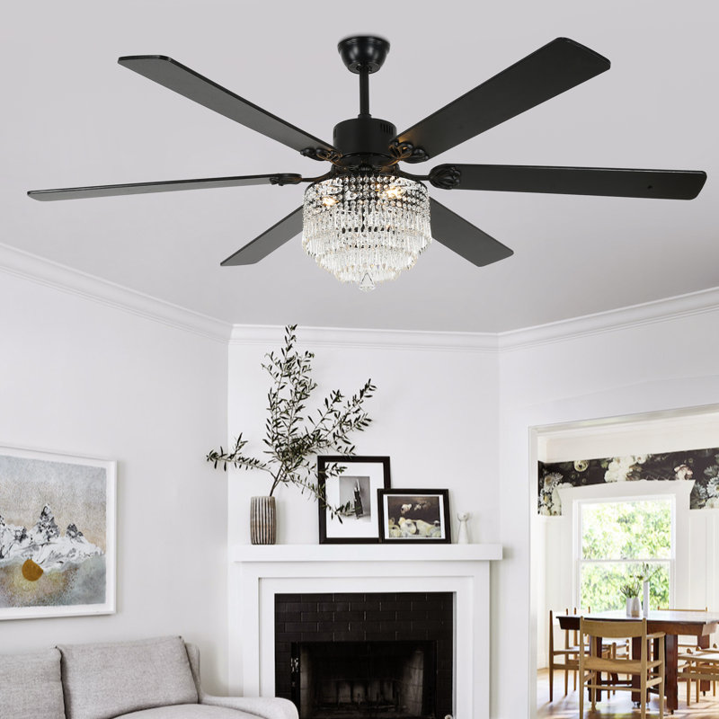 Leisel 65" Modern Glam Crystal Ceiling Fan with Lights, 6 Speeds Reversible Black Chandelier Ceiling Fan for Large Room 