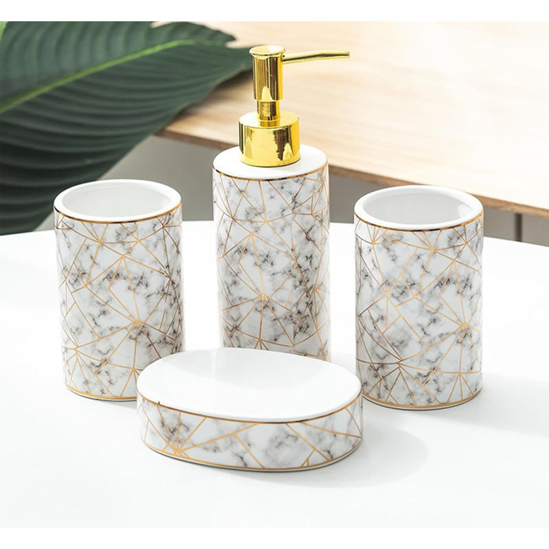 4pcs Ceramic Bathroom Set: Toothbrush Holder, Mouthwash Cup, 300ML Lotion Dispenser, Soap Dish, White
