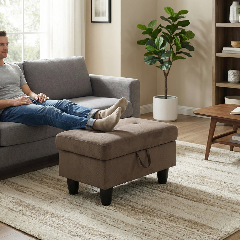 Brown Storage Ottoman | X-stitched Design | Non-pilling Fabric | Solid Wood Frame