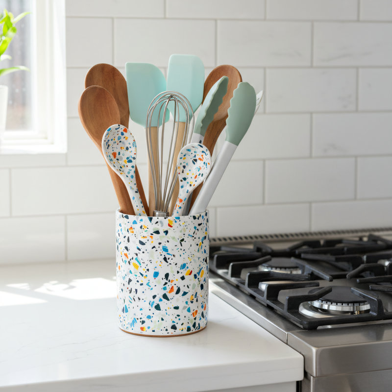 Marble-Patterned Ceramic Kitchen Utensil Rack, 6.4 Inches, With Cork Base To Protect The Countertop. Farmhouse Style, Kitchen Countertop Decoration, Christmas Gift.