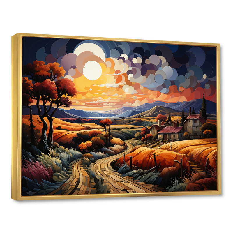 Paysage cubique en campagne - reproduction sur toile, Cadre flottant doré, H 34 po x l 44 po x P 1,5 po