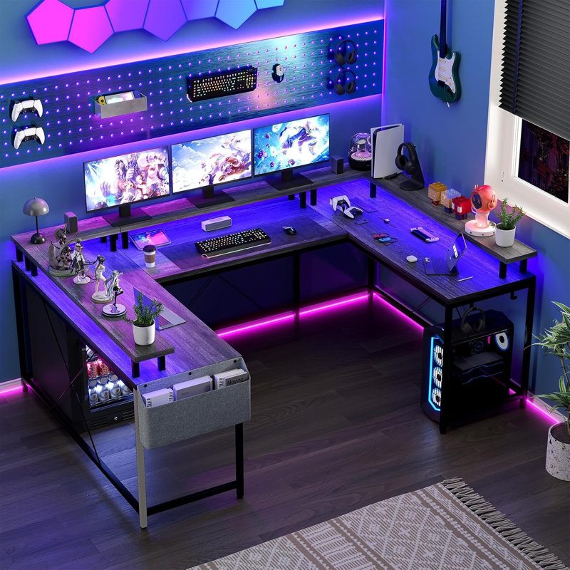 U Shaped Desk with Power Outlets & LED Lights, 79" Extra Large Reversible Corner Office Desk, Monitor Stand & Storage Shelves, Corner Computer Table Office Table with Full Monitor Stand