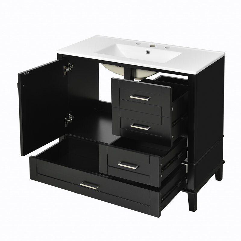 Meuble-lavabo 36 po avec cadre en pin massif, 1 porte à fermeture douce et 3 tiroirs, Noir