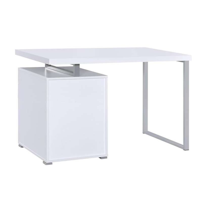 Bureau d'écriture avec 3 tiroirs en blanc, Blanc / argenté