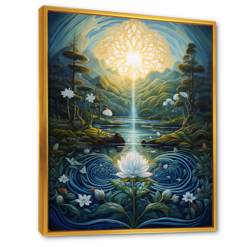 «Flower Awakening Serenity Sunrise» sur toile, Cadre flottant doré, H 32 po x l 24 po x P 1 po