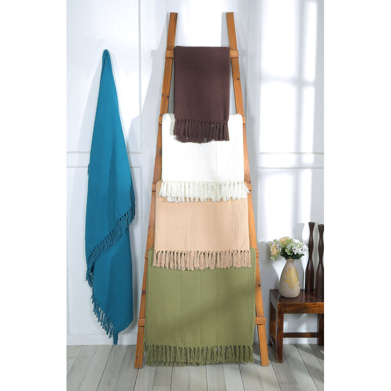 Jeté luxueux en coton tissé gaufré toutes saisons avec franges, Blanc
