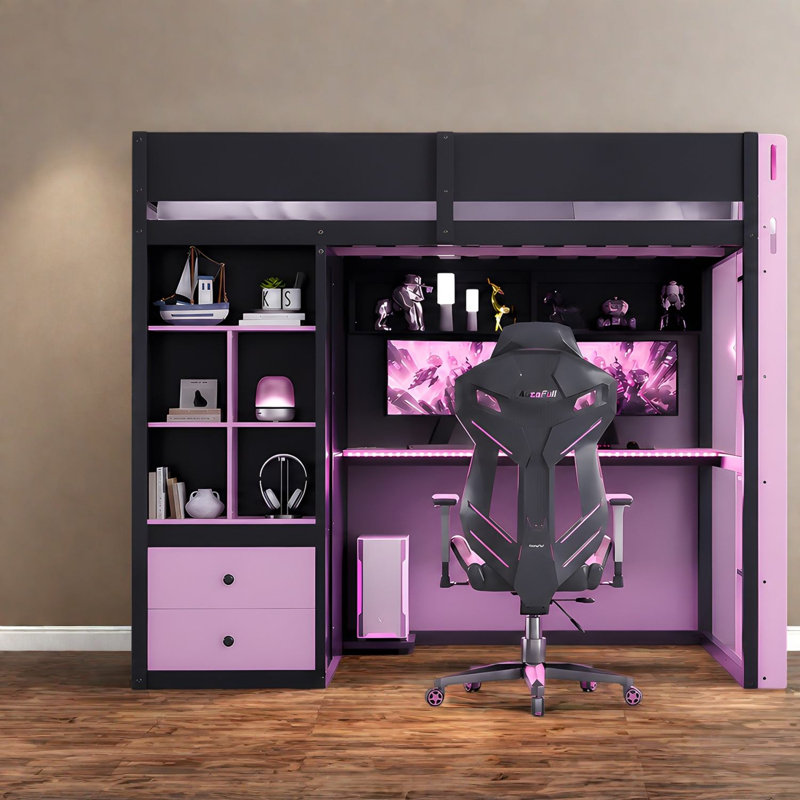 Lit mezzanine avec rangement, lit de bureau moderne en MDF entièrement en bois, idéal pour les jeux et la maison, Noir 2