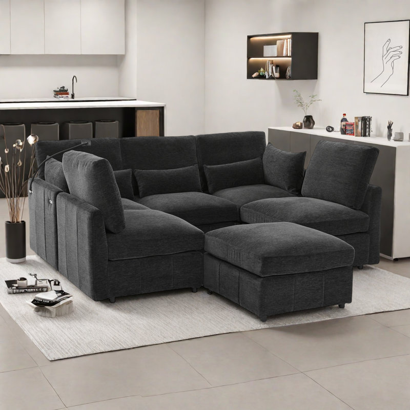 Canapé modulaire moderne avec repose-pieds mobile, 2 ports USB et support pour téléphone, Chenille noir