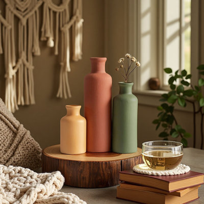Ceramic Vase Set of 3, Modern Matte Decorative Vases in Neutral Earth Tones, Bottle-Shaped Home Decor for Table, Shelf & Living Room