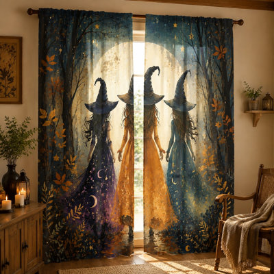 2Pcs Witch Sisters Moonlight Forest curtains, light filtering fabric, fantasy and mystical circular pattern, sunshade privacy protection, rod-pocket design, suitable for living room, bedroom, teenagers home decoration