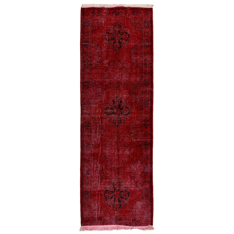 Tapis de couloir turc contemporain fabriqué à la main de 4,6 x 13,4 pi surteint en rouge