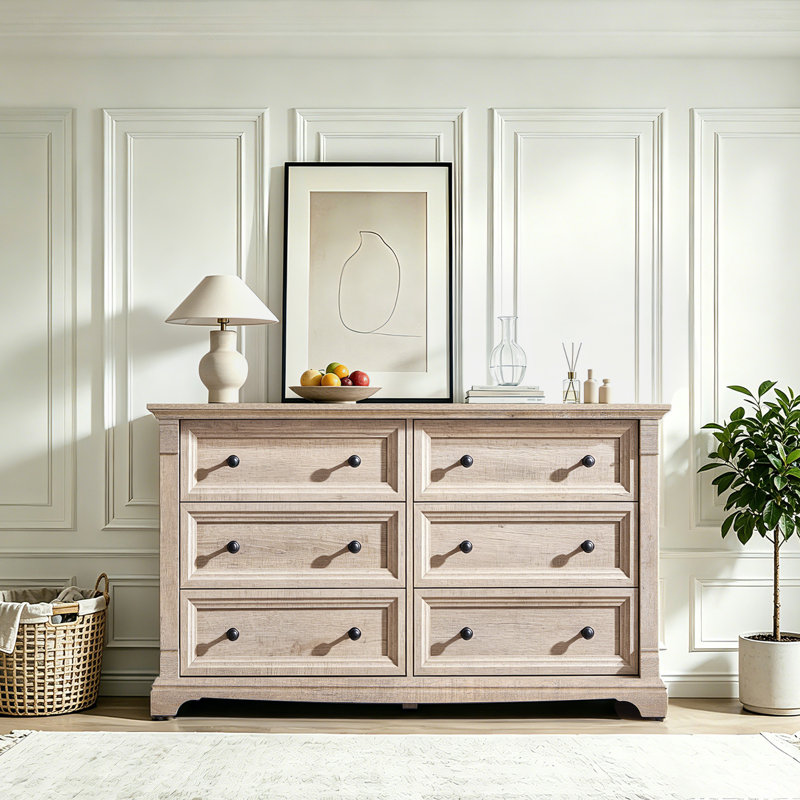 Roman Column 6-Drawer Dresser - 54" Wide & Tv Stand Ready, Light Rustic Oak