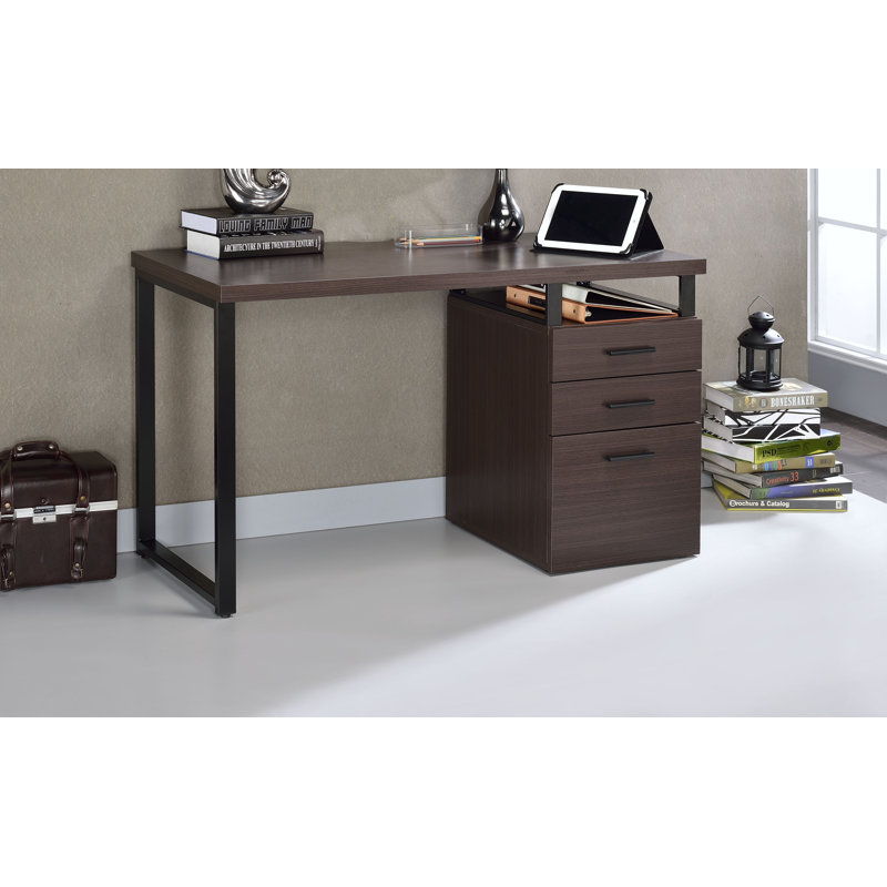 Solid Wood Top Metal Base Computer Desk, Dark Oak