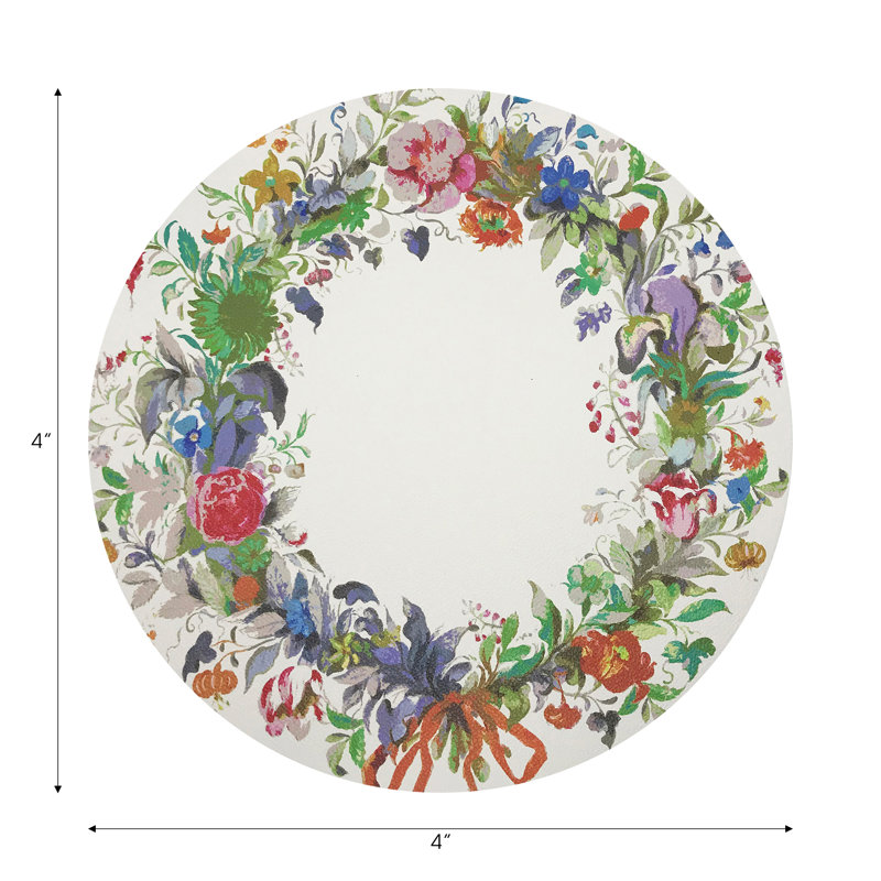Wreath Flowers Blue Vegan Leather Round Coasters, Orange