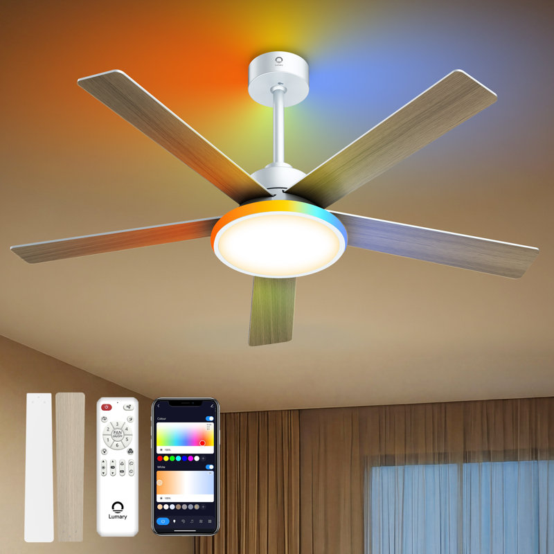 Lumary 52" Smart Ceiling Fan with RGBAI Lights Remote, WiFi Bluetooth Low Profile Ceiling Fan with Alexa/Google/App,Dimmable & Color Tuning, 5"/10" downrods Mount(White)