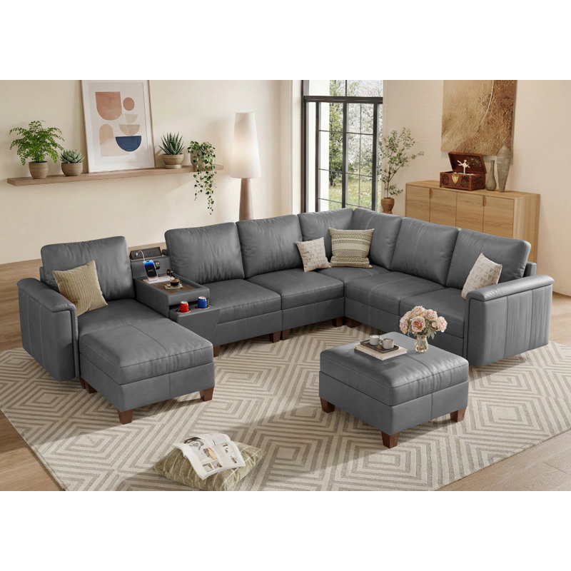 Canapé modulaire en forme de V à 132 places de 132 po de large avec console et rangement, gris, Similicuir gris
