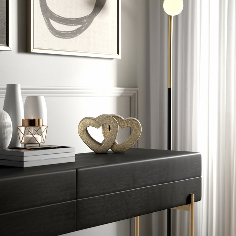 Sculpture en grès et céramique décorative en forme de cœur avec un design entrelacé et des accents contemporains pour des décors à thème modernes ou élégants