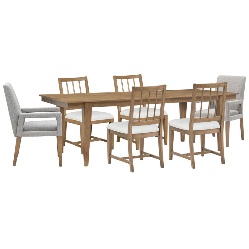 Extendable Rectangular Dining Table With 4 Grey Side Chairs, White, 7 Pcs: Table, 6 Chairs