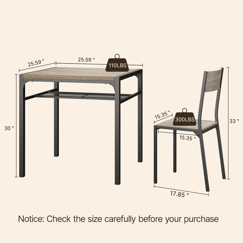 Betson 3-Piece Square Dining Table Set with Metal Chairs, Gray