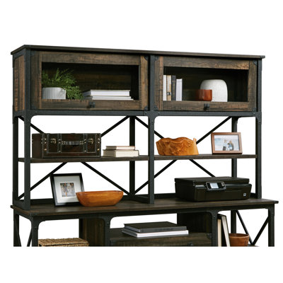 Industrial - Designed Brown Engineered Wood , 3 Adjustable Horizontal Shelves, Framed Tempered Glass Doors For Office, Open Back Shelving Solution Finish Office With Look, Wood, Shelves Adjustable,