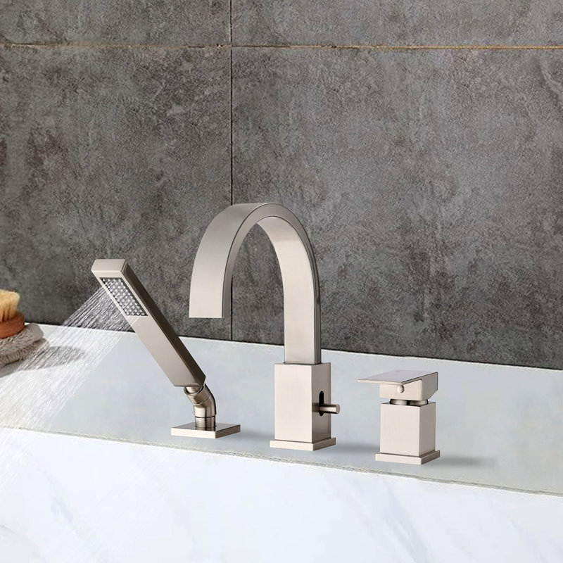 Waterfall Bathtub Faucet With Sprayer, 3-Hole Roman Tub Filler With Hand Shower Deck Mount Waterfall Tub Spout Set