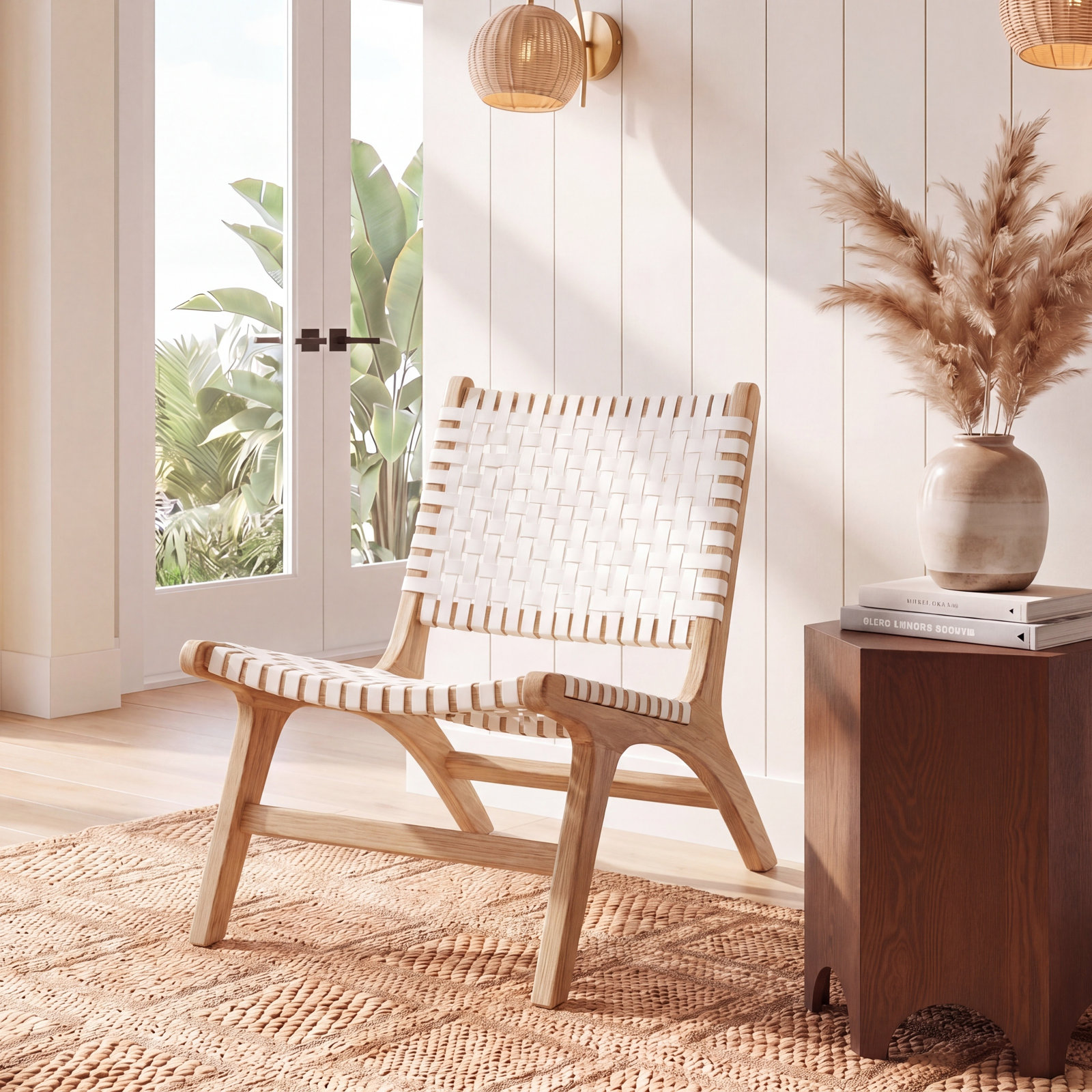 Denman Genuine Leather Side Chair, White/Natural
