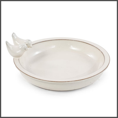 Handmade Ceramic Bird Bath, 11.8 Inch Cream White Outdoor Bird Bath Bowl with Vintage Bird Ornaments, Garden Birdbath for Yard, Patio, Backyard Decor, Also Works as Wild Bird Waterer