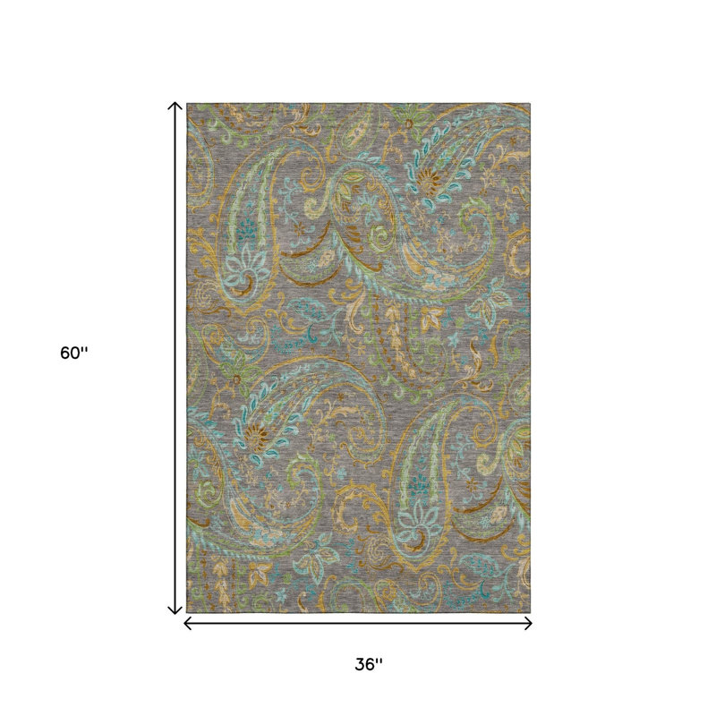 3' X 5' Taupe Green And Blue Paisley Washable Area Rug With UV Protection