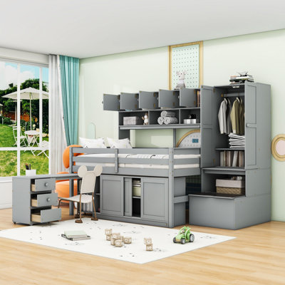 Kantrell Modern Loft Bed With Rolling Desk, Wardrobe, Storage Staircase, Shelves And Drawers by Harriet Bee