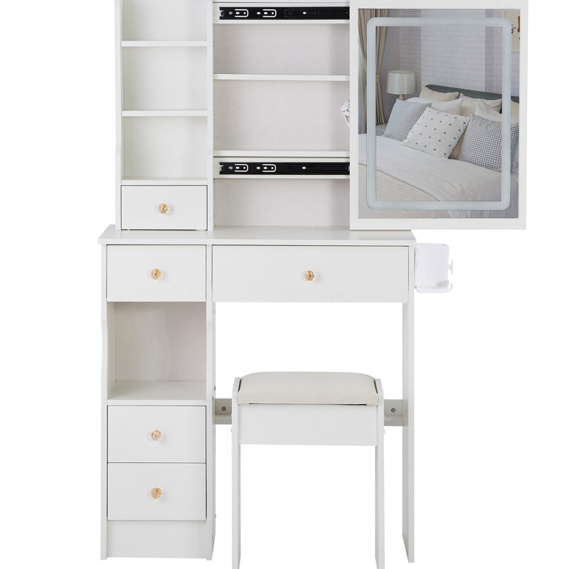 29.2" Desktop Dressing Table And Cushioned Stool, 2 Ac+2 Charging Ports, Hair Dryer Stand, Large Touch - Operated Sliding Led Mirror With Three Color Selection Brightness Tuning, Ideal For Little