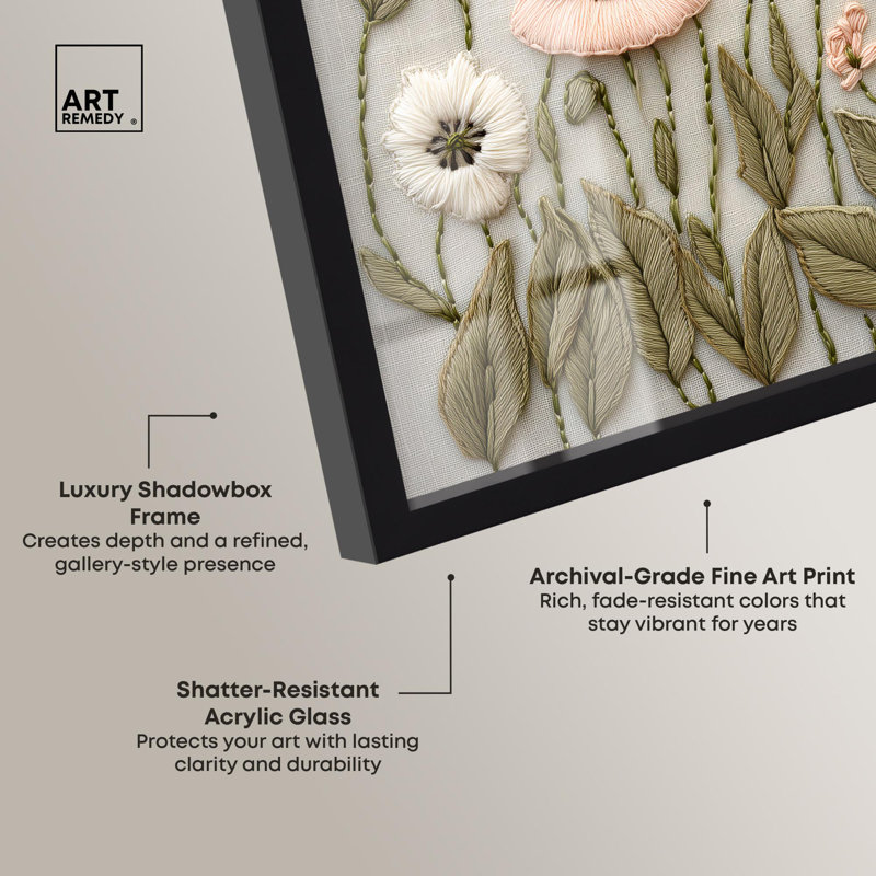 «Stitched Serenity I Shadowbox Print Farmhouse Decor» par Art Remedy, H 21 po x l 21 po, Noir