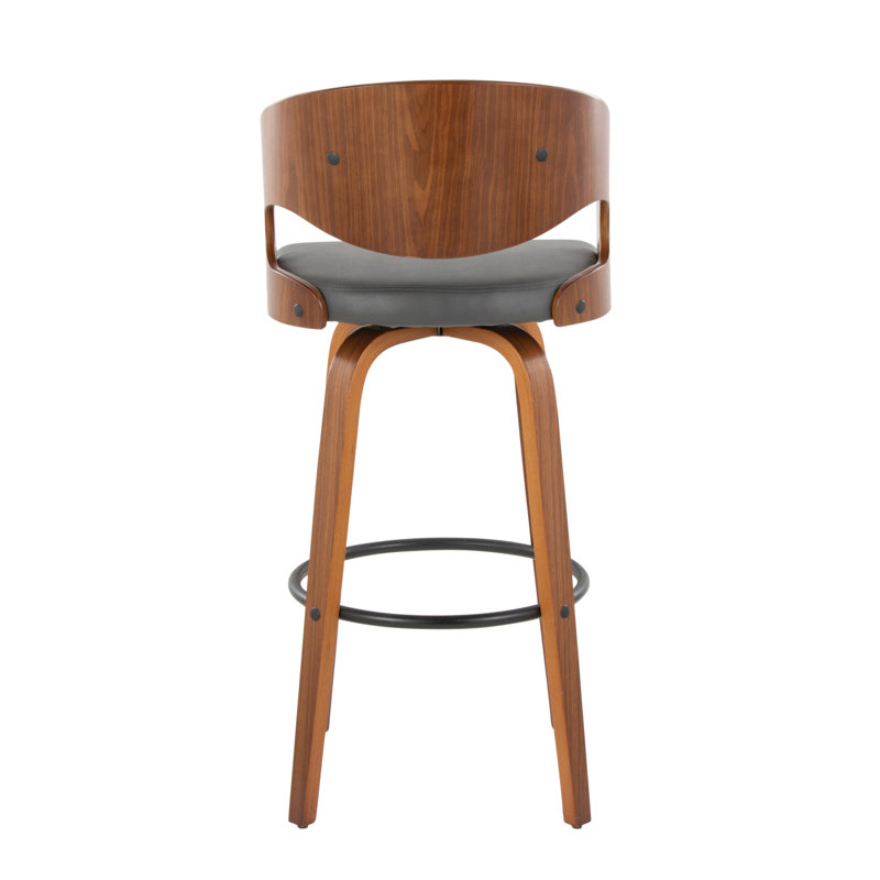 Pino 30" Mid-Century Modern Fixed-Height Barstool With Swivel In Walnut Wood And Grey Faux Leather With Round Black Metal Footrest By Lumisource - Set Of 2