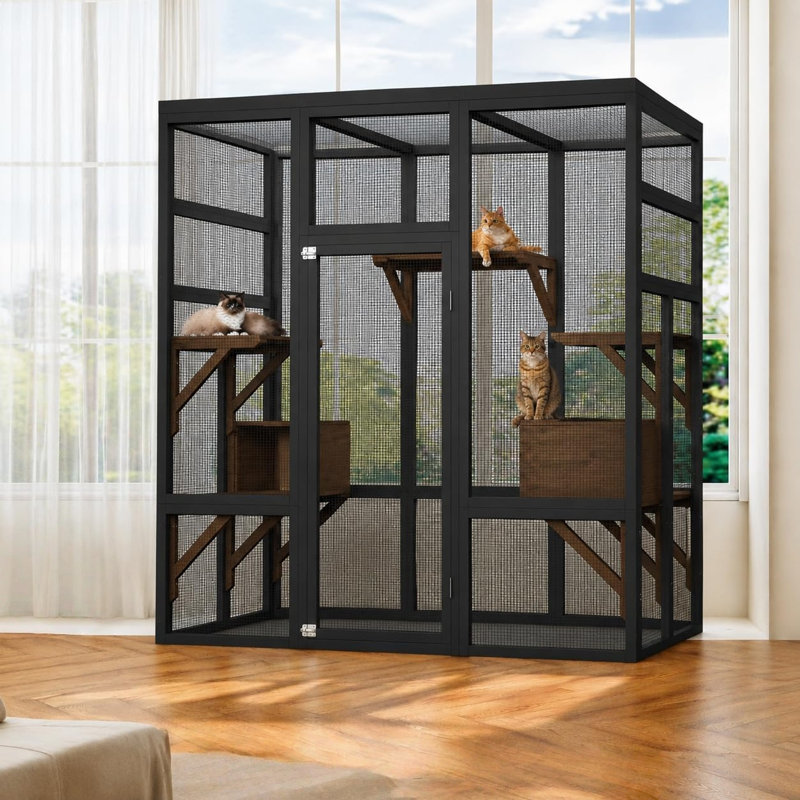 Walk-in Catio Outdoor Cat Enclosure - Large Wooden Cat House & Playpen with Weatherproof Roof, 5 Platforms & 2 Cosy Boxes, Indoor Outdoor Run Cage for Up to 6 Cats