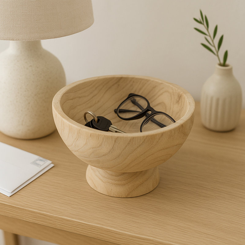Bol décoratif à piédestal en bois pour décoration intérieure moderne - Bol rond décoratif pour table de salon ou de salle à manger - 8 po