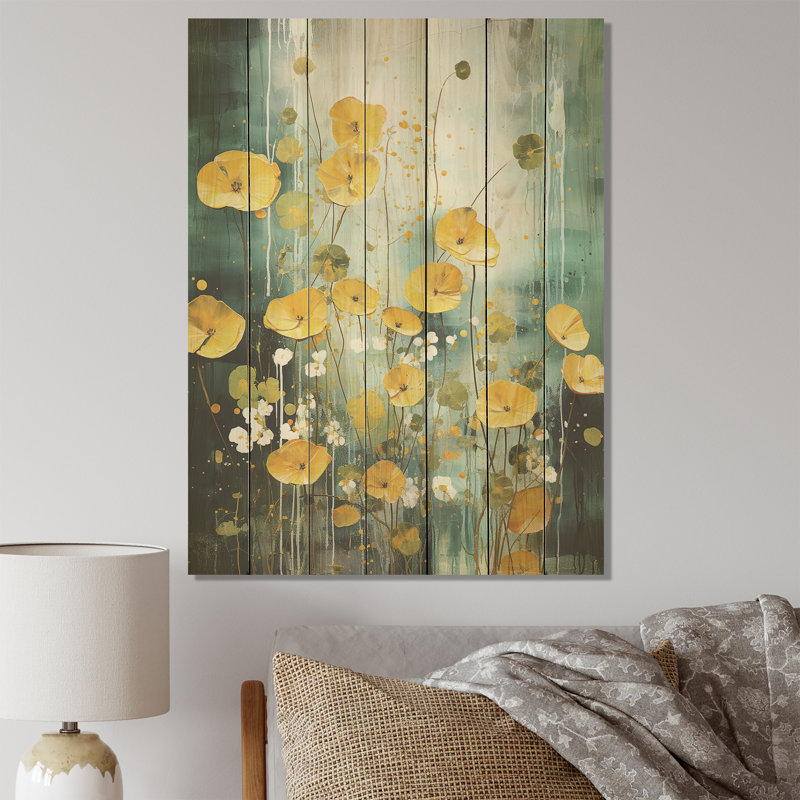 «Yellow Buttercup» jaune avec fleurs «I» - boutons d'or sur bois, H 40 po x l 30 po