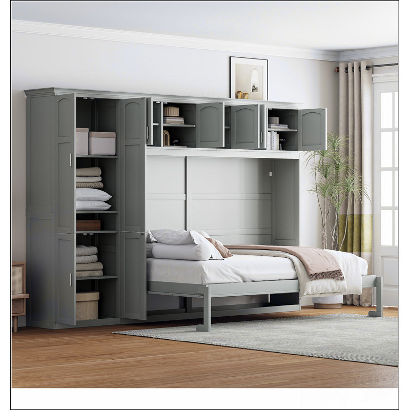 Grand lit escamotable mural avec armoires, gris, Gris