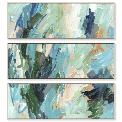 Échos en sauge II - Reproduction sur toile encadrée d'Ira Colmeva, ensemble de décoration murale Sage par Art Remedy, cadre argenté, 48 x 16
