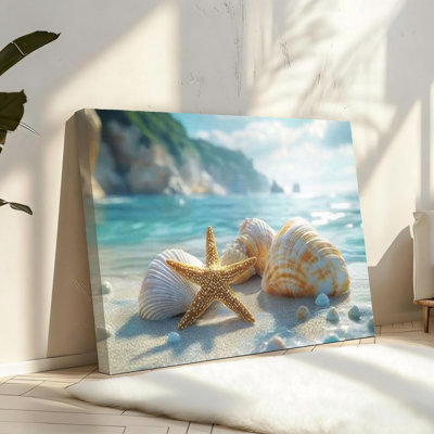 Blue Coast Beach Canvas Wall Art Ocean Starfish Conch Seashell Paintings Pictures Wall Decor Summer,Solid Wood Frame Support,16" X 24" inch