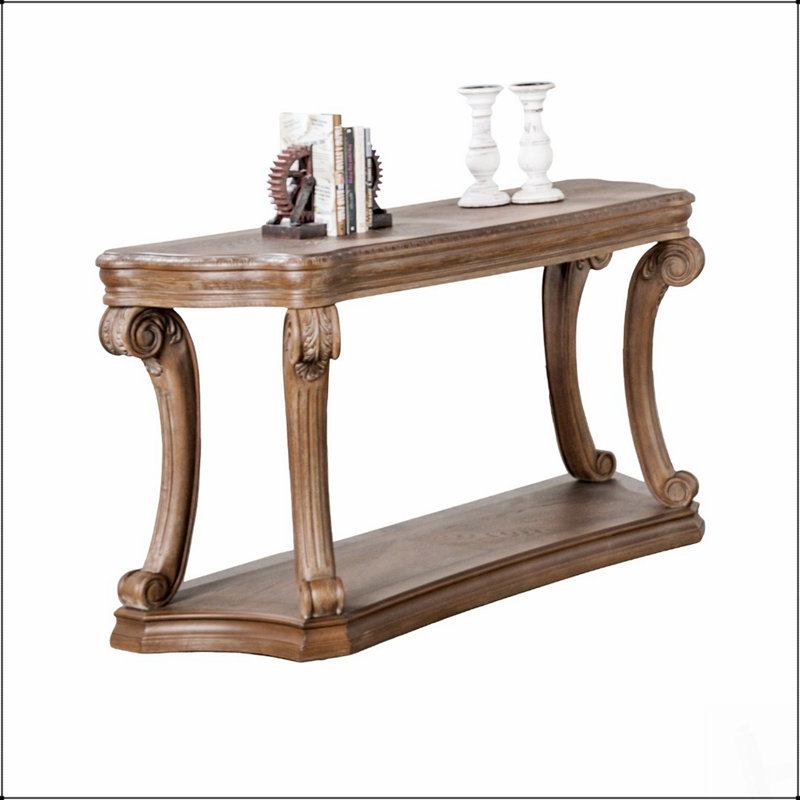 Table de canapé de style transitionnel avec grande tablette ouverte, pieds à volutes et moulures dentelées pour des espaces de vie élégants